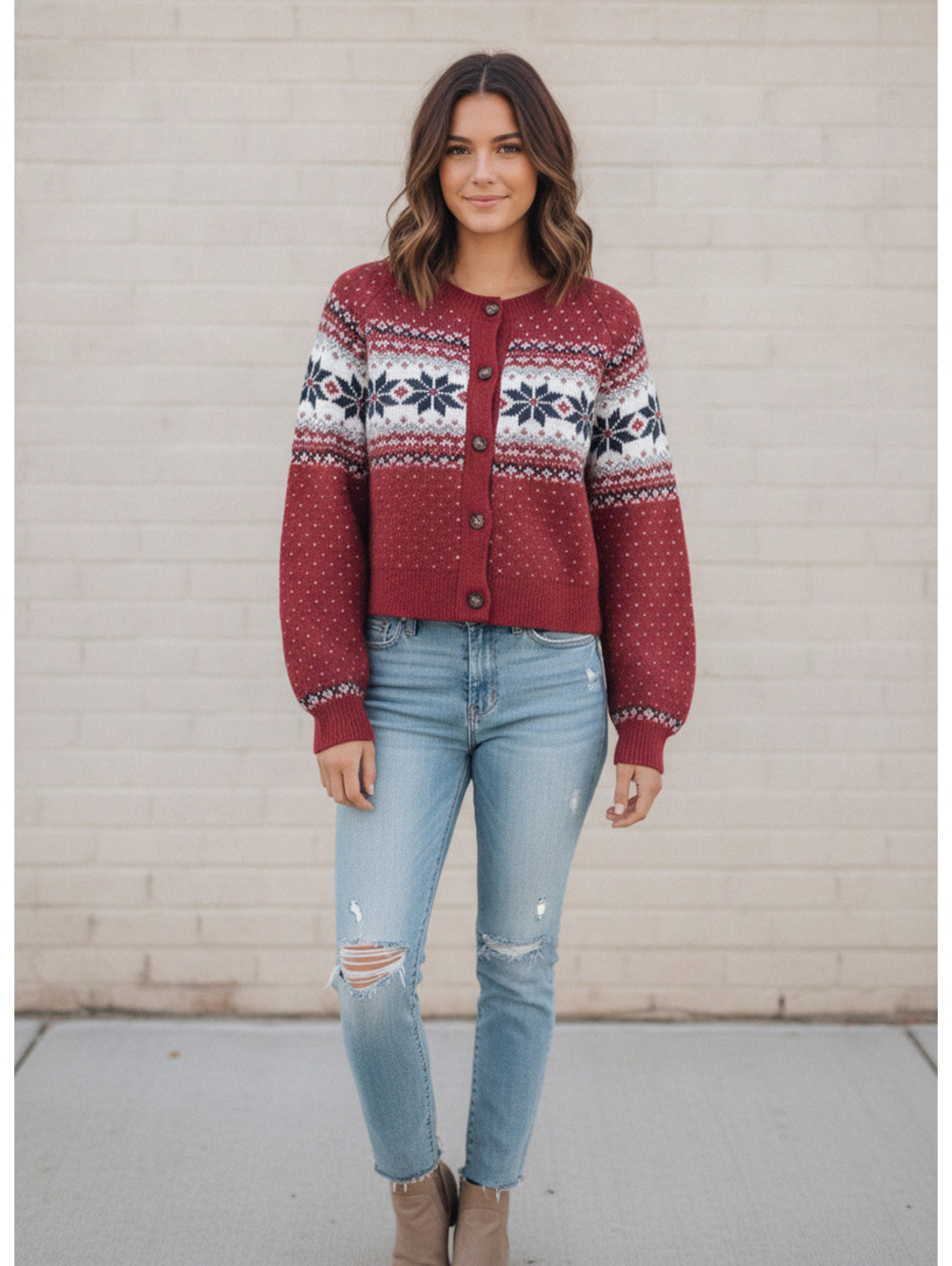 Cozy Red Fair Isle Wool Blend Knit Cardigan Sweater XL Tall Old Navy